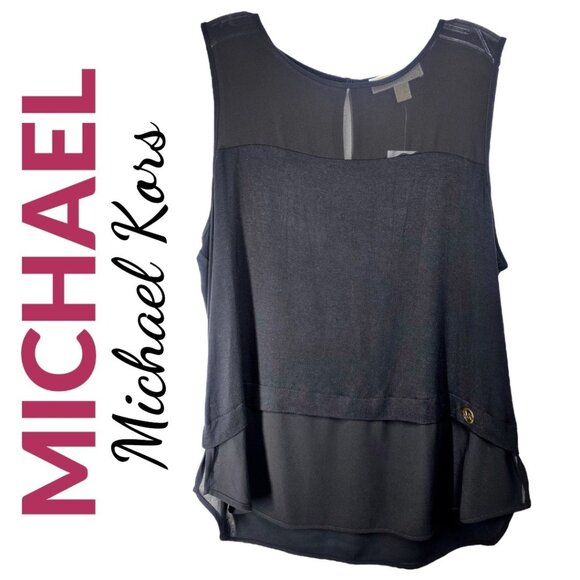 NWT MICHAEL KORS SLEEVLESS BLACK ELEGANT BLOUSE SEMI SHEER BODICE, SIZE LARGE - Picture 1 of 6